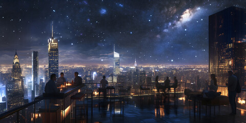 Rooftop Bar Cityscape: Cocktails and Skyscrapers Under a Starry Night Sky