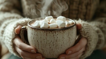 Steam rises from a generous cup of hot chocolate topped with fluffy marshmallows, cradled in hands wearing a soft sweater. The warm atmosphere invites comfort and relaxation during chilly weather.