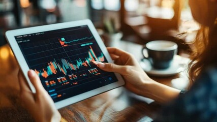 Analyzing stock market trends on a digital tablet while enjoying coffee in a cozy cafe setting