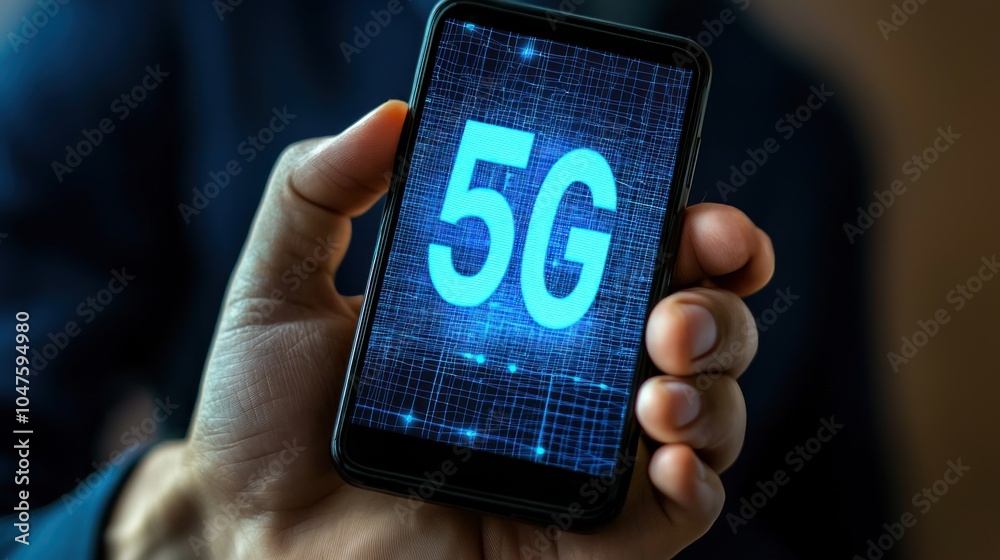 Poster hand holding a smartphone displaying a 5g network symbol