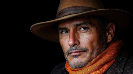A man wearing a wide-brimmed hat and an orange scarf poses thoughtfully against a dark background in an intimate portrait