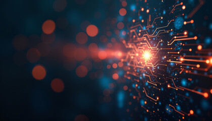 Obraz premium A circuit board illuminated by blue and red lights on a dark background, representing modern electronics and the intricate design of digital circuitry.