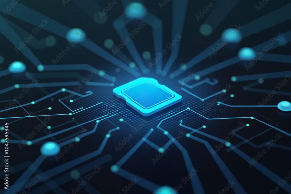 Poster a focused image of a computer chip on a circuit board, highlighting the intricate design and connect