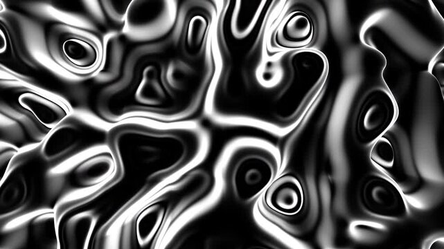 Abstract black and white image features an intricate and dynamic pattern of swirling lines and irregular shapes, showcasing movement, complexity, and a sense of chaos