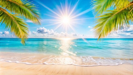 Obraz premium A mesmerizing tropical beach with swaying coconut palm trees, clear turquoise water, and a picturesque sunny sky. Stunning 3D Tropical Beach Scene with Mesmerizing Waves and Swaying Palm Trees