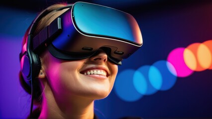 Naklejka premium The image captures a smiling user exploring a virtual environment through a state-of-the-art VR headset, highlighting the excitement and possibilities of immersive experiences in modern technology.