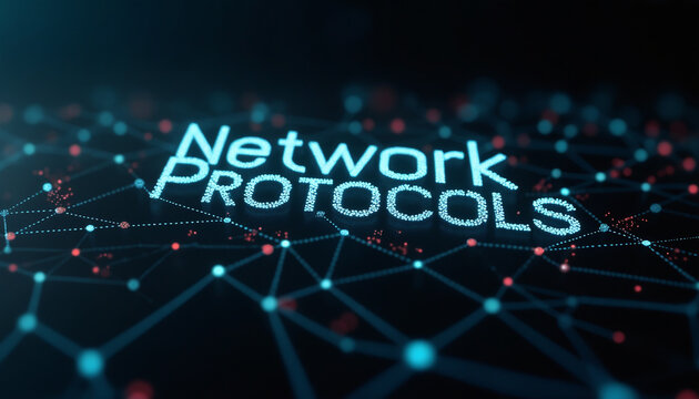 Network Protocols Text in Digital Grid: The phrase Network Protocols showcased in a connected digital network, symbolizing rules for data exchange and communication.