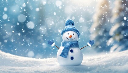 Happy snowman in winter scene with snow falling