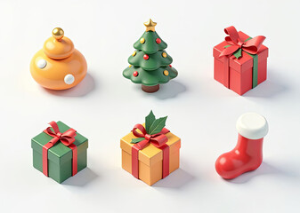 Festive christmas isometric icons featuring tree, gifts, ornament, and stocking on white background