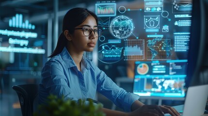 Digital holographic interface displaying a woman analyzing financial charts, with a focus on stock market data, cryptocurrency investment, and online trading analysis