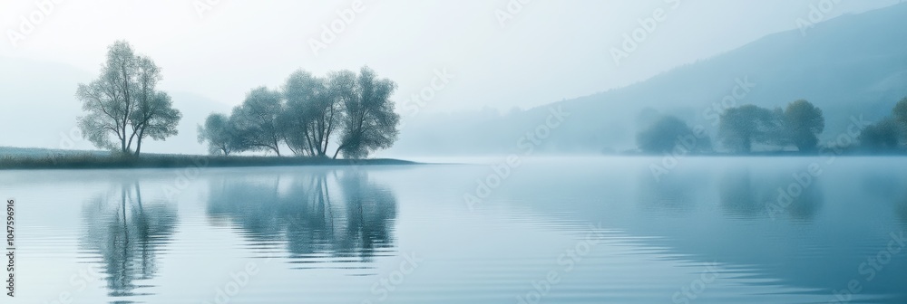 Poster the serene lake is enveloped in mist, creating a peaceful ambiance, while trees mirror on the water'