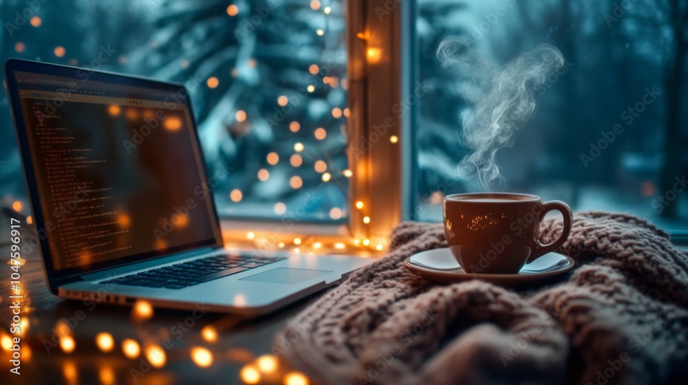 Poster a steaming cup of coffee sits on a table next to a laptop, surrounded by a soft blanket and twinklin