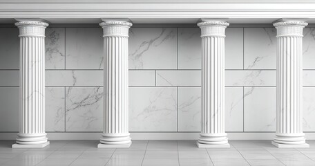 A set of Greek-style white marble columns on the right side of an empty wall
