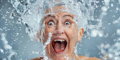 Surprised mature woman with a joyful expression, splashed with water against a gray backdrop, illustrating skincare, wellness, and beauty