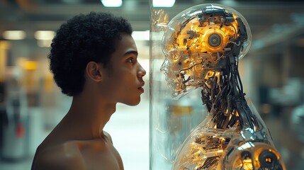 A young boy engages in a captivating gaze with a humanoid robot in a futuristic laboratory setting during daylight hours