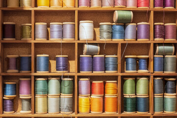 Antique wooden box organizer filled with spools of thread in different colors. Background.