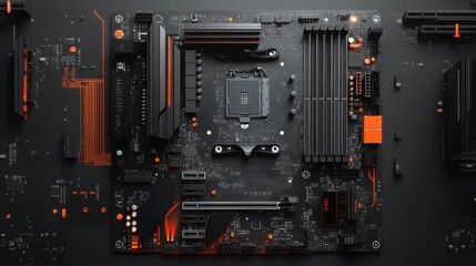 Fototapeta premium A black and orange motherboard with a CPU socket, RAM slots, and various other components.