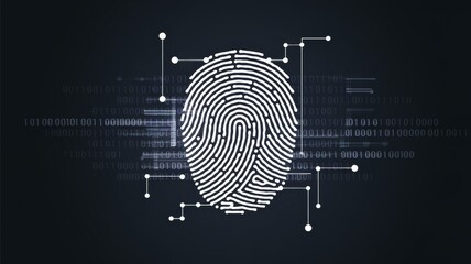 Minimalistic abstract illustration of a fingerprint pattern integrated with binary code and digital nodes, symbolizing personal data security, identity protection, and biometric access.