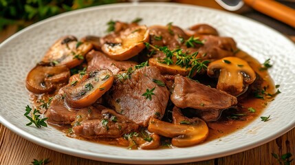 Fototapeta premium fried beef with mushrooms and herbs