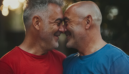 two senior gay men hugging and kissing on, mature adult romantic love, lgbt relationship and family concept