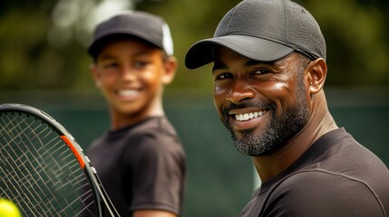 A father and son smiling while holding a tennis racket on a tennis court.