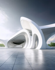 3D render of a modern abstract geometric shapes futuristic architecture with a car park, and empty concrete floor on a blue sky background. Modern white abstract for product presentation, or display