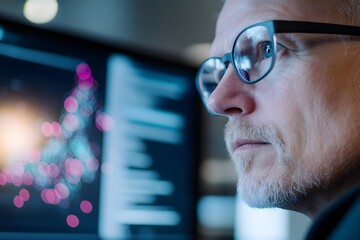 Close up of senior executive watching data visualization. Corporate technology concept. Modern business analytics