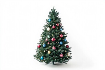 Fototapeta premium Christmas tree is standing in an empty room decorated with colorful ornaments and lights