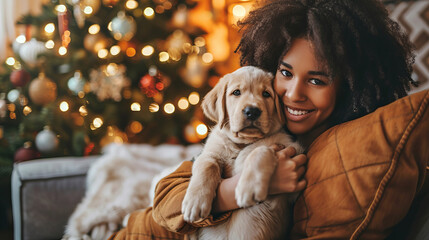 African American Woman Smiling with Puppy by Christmas Tree. Concept of Festive Joy, Pet Companionship, Holiday Cheer, cute little dog, and Christmas Celebrations. Copy space