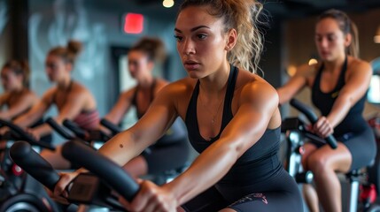 Fototapeta premium Spinning Class Guided by Instructor