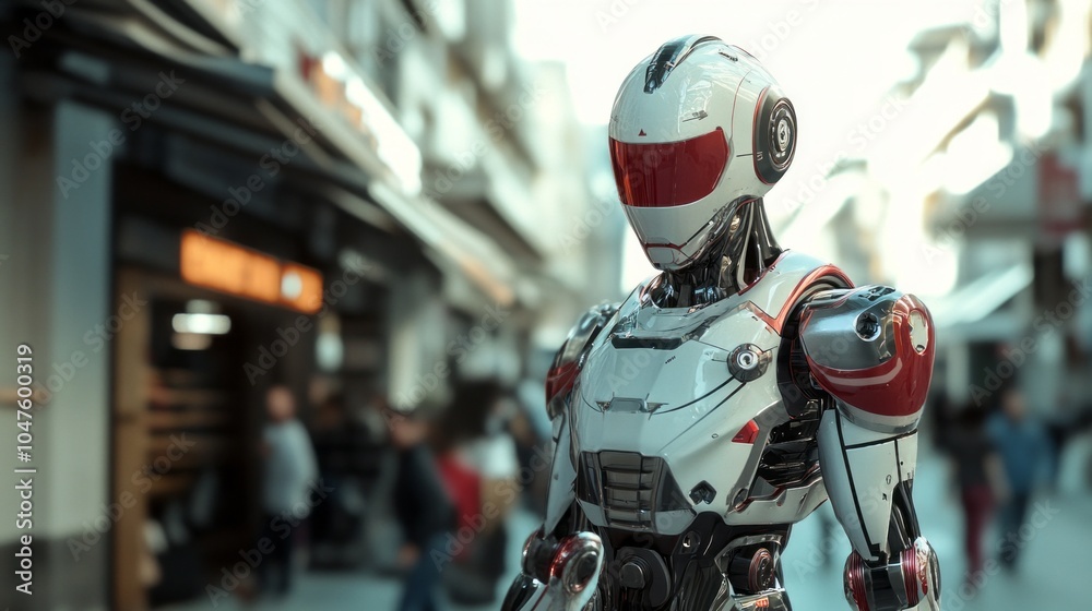 Aufkleber A robot is standing in front of a building with people walking by
