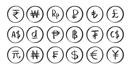 Hand drawn doodle set currency symbol. Currencies of different countries icons circle