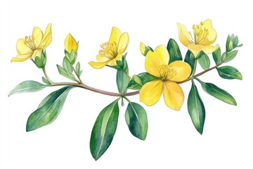 Watercolor Illustration of Hypericum Perforatum Plant with Essential Oil Drop on White Background