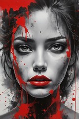 A striking black and white portrait of a woman with bright eyes and bold red lipstick, accented by vibrant red paint patches that add dynamic flair