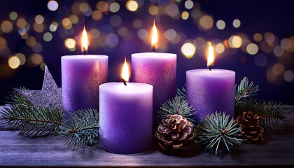 Four purple candles with mystery lights have an advent theme. _1(320)