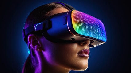 Naklejka premium A person wearing a VR headset, reflecting vibrant neon lights and digital patterns, symbolizes an immersive journey into virtual dimensions.