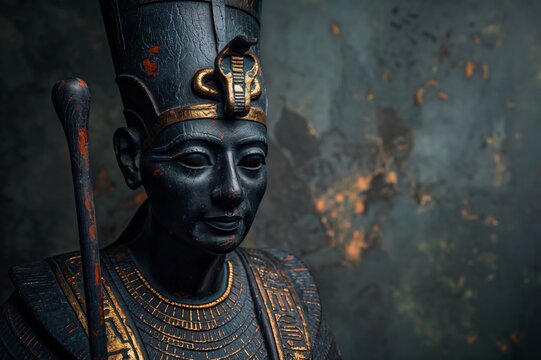Weathered black and gold statue of Osiris holding a crook in front of a dark grunge wall