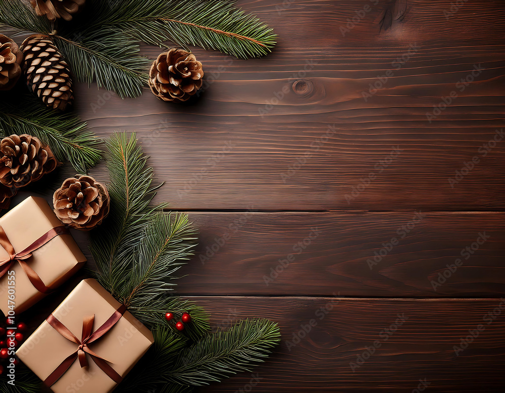 Aufkleber flat lay of christmas gifts on wooden table with pine branches and cones in top view with e_1(315)