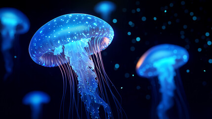 Fototapeta premium A mesmerizing close-up of glowing jellyfish floating in a dark, deep-sea environment.
