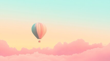 Fototapeta premium A single hot air balloon floats in a pastel sky above fluffy clouds.