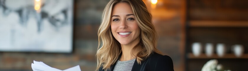 Naklejka premium Smiling woman in a professional setting holds papers, exuding confidence and warmth, with a stylish background featuring warm lighting and decorative elements.