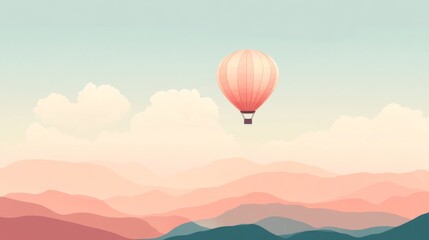 Fototapeta premium A single, pink hot air balloon floats in the sky above a hazy mountain range at sunset.