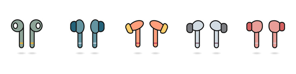 A set of wireless linear headphones. Colored bluetooth headphones. A set of devices for listening to music. In-ear and vacuum headphones. Headset vector icon. Stereo headphones vector.