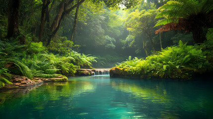 Obraz premium Enchanting forest lagoon hidden within lush greenery. Hidden Lagoon. Illustration