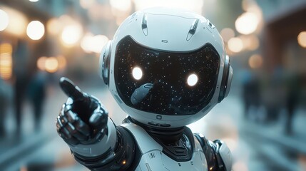 Fototapeta premium charming, positive ai-generated robot cheerfully pointing at a starry space, inviting curiosity and exploration in a fun and engaging manner, embodying the fusion of technology and imagination