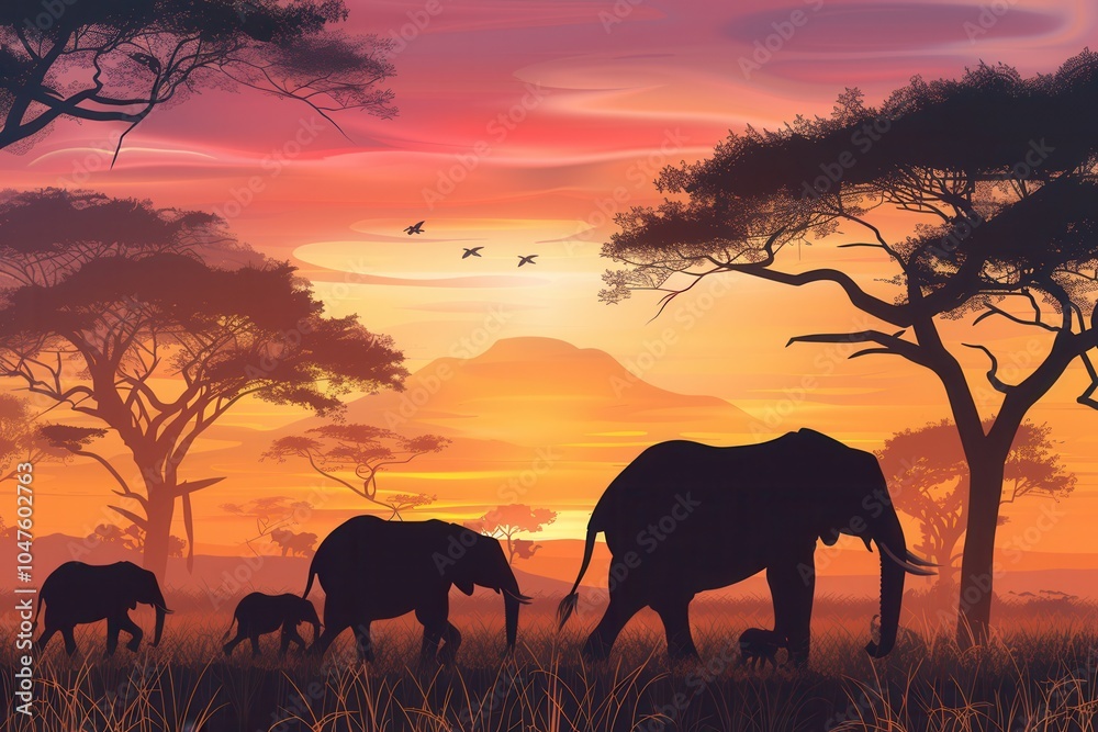 Poster a family of elephants walks gracefully across the savanna as the sun sets, creating a breathtaking b