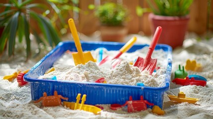Colorful plastic toys are laying in a blue plastic sandbox filled with white sand and surrounded by green plants in a backyard setting