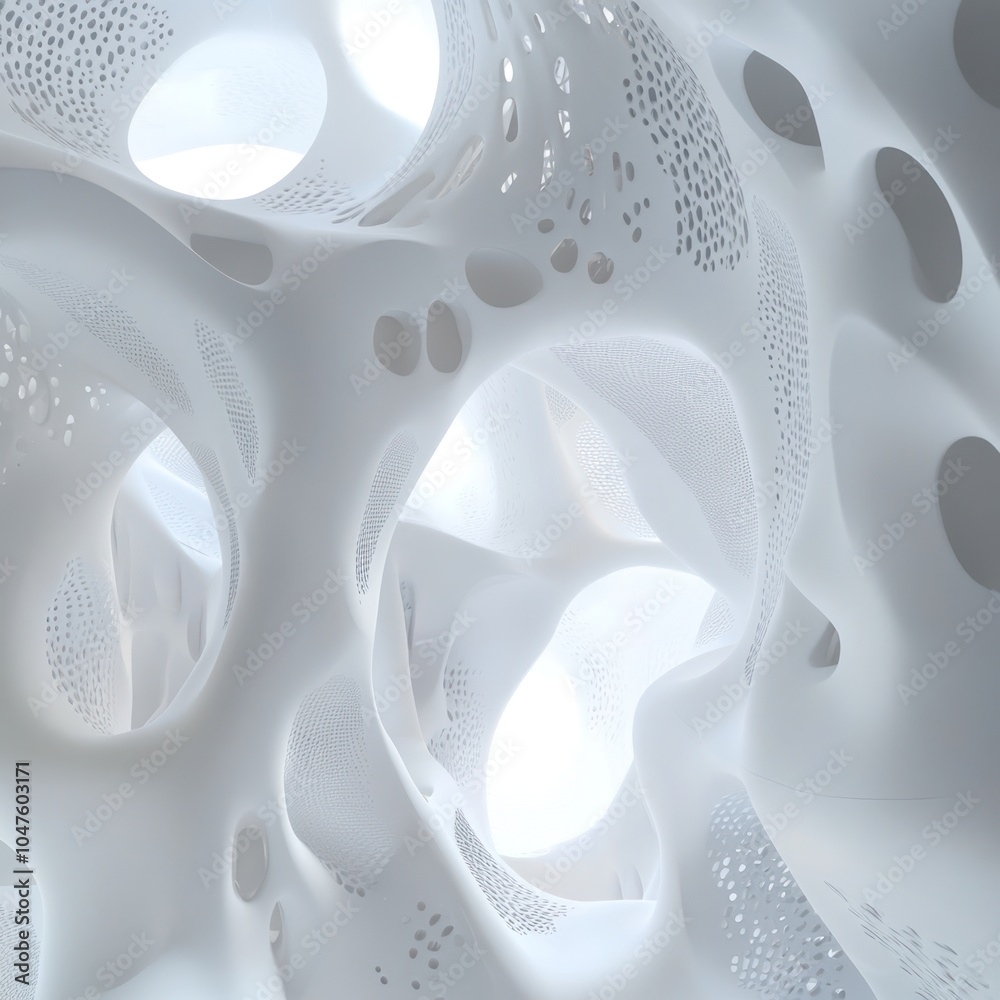 Poster abstract white architectural structure with circular and organic cutouts