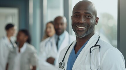 Fototapeta premium Diverse group of smiling medical professionals collaborating in a healthcare setting. Happy doctors working together in a clinical environment