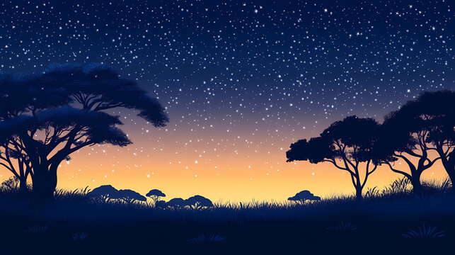 Experience the serene nights of the african savanna, where natural darkness enhances peaceful slumber under a starlit sky. Savanna Night Sky. Illustration